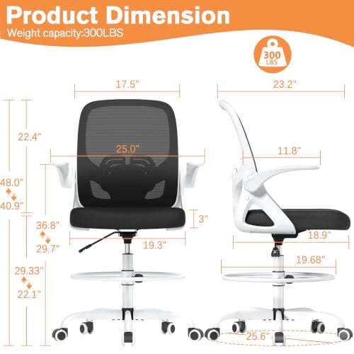 Image of ORRSAKER Drafting Chair, Tall Office Chair with Flip-up Arms, Mesh Ergonomic Computer Standing Desk Chair with Adjustable Height Foot Ring and Lumbar Support, 300 LBS Capacity, White
