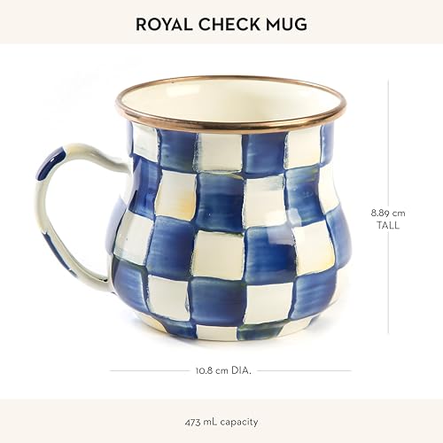 Image of MACKENZIE-CHILDS Enamel Mug, Cute Enamelware Coffee and Tea Mug, Unique Drinkware, 16 Ounces, Blue-and-White Royal Check, Set of 1 (Pack of 2)