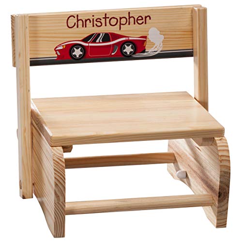 Custom 2-in-1 Children's Step Stool and Chair, Customized with Kidâ€™s Name, Racecar Design