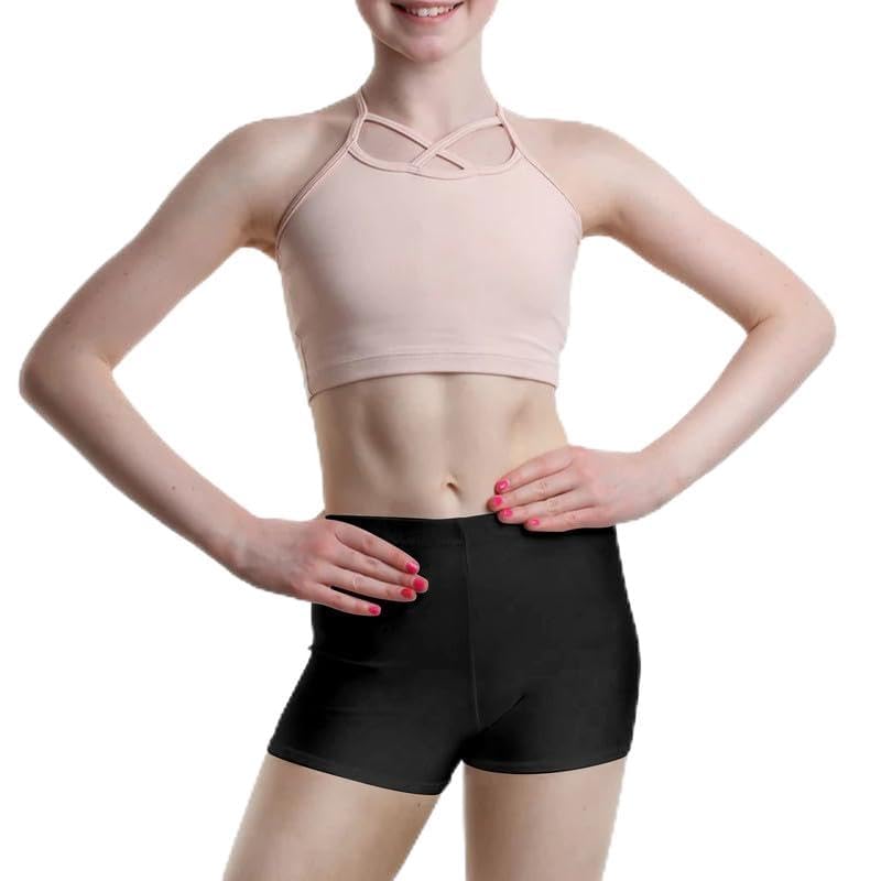 Short en nylon brillant pour fille - Taille haute - Uni - Extensible - Coupe confortable - Parfait pour le yoga, le ballet, la gymnastique, l'école, les vêtements de sport