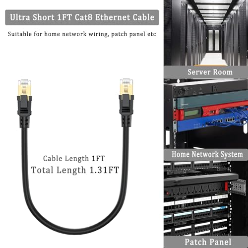 Short Cat8 Ethernet Cable 1FT 2-Pack(Total 1.31FT), High Speed Cat 8 Ethernet Cable SFTP Internet Network Patch Cord 40Gbps 2000Mhz for Patch Panel, Home Network, Cable Management, Router, Modem