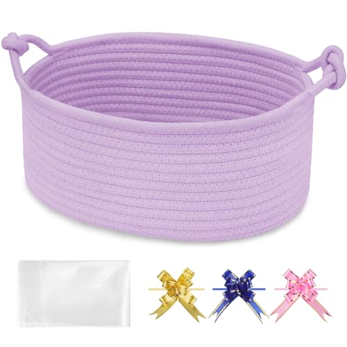 BOSROTY Baby Gift Baskets Empty with Handle Small Woven Basket with Gift Bags and Ribbons Decorative Organizer Box for Baby Pet Toy 12 x 8 x 5 Purple