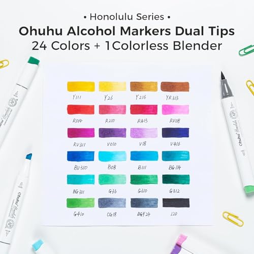 Image of Ohuhu Alcohol Markers Brush Tip - Double Tipped Alcohol Based for Beginners Artist Sketching Adult Coloring Illustration - Brush Chisel Dual Tips - 24 Basic Colors of Markers Honolulu,Multicolour