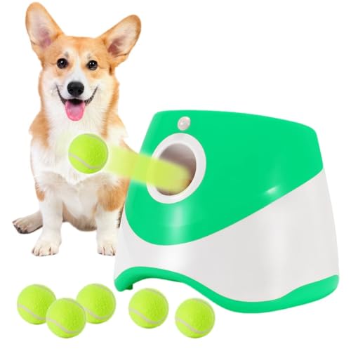 zornik 犬用ボール投げ機、自動ランチャー、小型・中型犬に最適、インタラクティブ玩具、投げゲーム、屋外・屋内使用に最適、ボール6個付き (グリーン)
