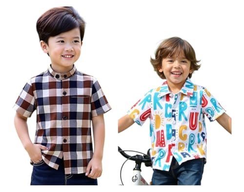 Image of Boys Short Sleeve Button Down Shirts, Plaid and Striped Pattern, Cotton Casual Tops, Pack of 2