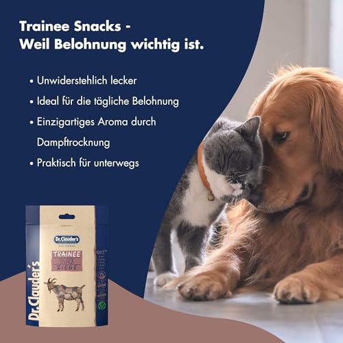 DR.CLAUDER'S - Trainee Snack Ziege | Leicht verdauliche Snacks aus fettarmen Ziegenfleisch für Hunde und Katzen. Getreidefreie, präbiotische Leckerlis im Frischebeutel | 80g