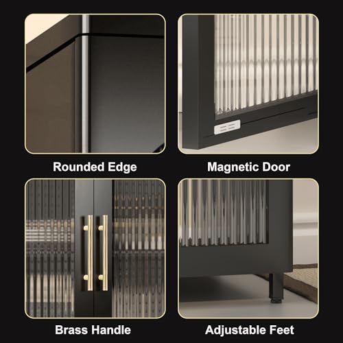 VASAAOSD Kitchen Pantry Storage Cabinets, Metal Sideboard Storage Cabinet with Glass Doors and Adjustable Shelves, Modern Furniture Pantry Cabinet for Kitchen, Living Room and Dining Room, Black