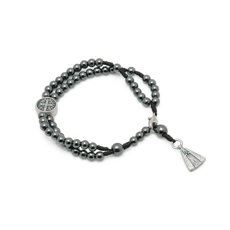 Pulseira Terço Hematita com Cordão Resinado, Medalhas de Nossa Se...