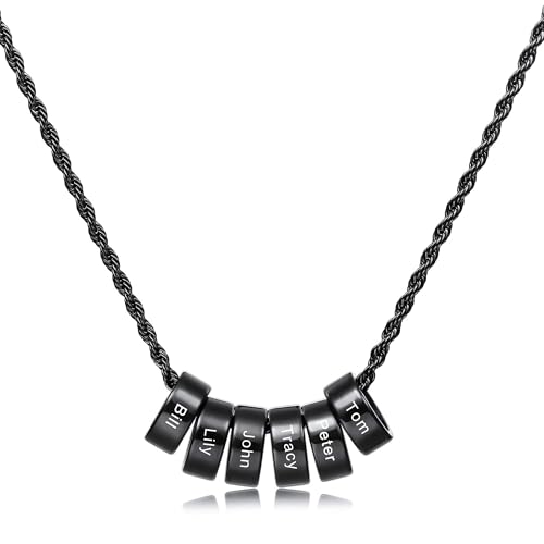 Kiddo Sky Collar con Nombre para Hombre Personalizado 2/3/4/5/6 Cuentas de 22 Pulgadas Negro/Oro/Plata Collar de Cadena de Acero Inoxidable Aniversario Relación Regalo de Joyería (6 Nombres)