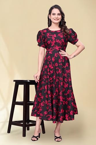 Image of Women's A-Line Crepe Maxi Dress | Stylish Fit and Flare Dress with Round Neck Short Puff Sleeves for Casual Wear