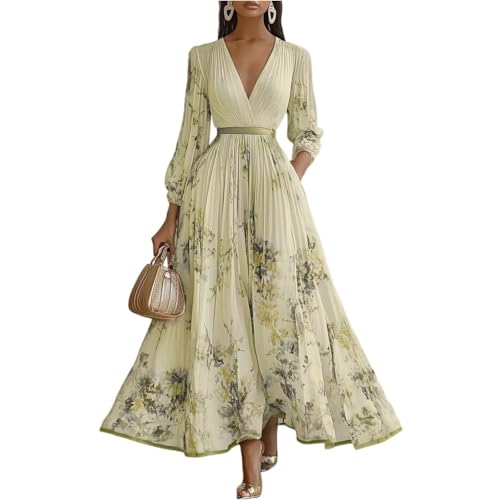 Robe florale à manches longues col en V ample et légère pour femme chic