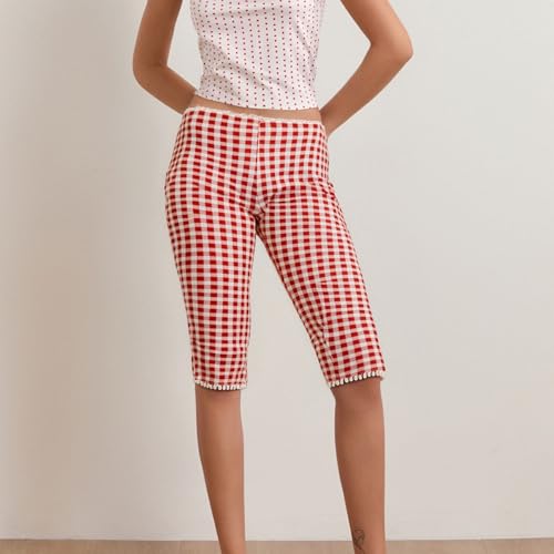 Women's Gingham Capri Pants Elastic Waisted Mid Rise Vintage Plaid Pants Skinny Leggings Cropped Trousers3