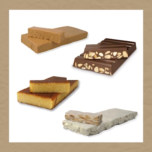 1880 – Auswahl von handwerklich hergestelltem Turrón in 4 Geschmacksrichtungen: Turrón de Jijona, Turrón de Alicante, Turrón de Yema, Schokoladen-Turrón, 4 x 75g, Packung mit 300 g.