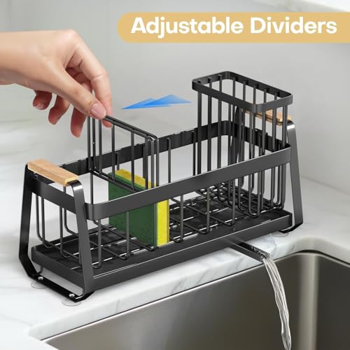 Image of Metal Sponge Holder for Kitchen Sink | Auto-Draining Sink Organizer Caddy with Drain Tray, Soap Dispenser Stand & Dish Brush Holder | Large Capacity Multipurpose Kitchen Storage Rack