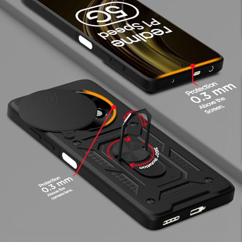 Image of Pikkme Back Cover for Realme 13 Plus 5G / Realme P1 Speed 5G | D10 Tough Armor | 360 Protection Case | Sliding Camera Shield Cover & Ring Holder Stand Bumper Case (Black)