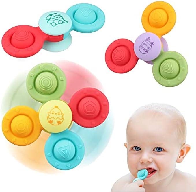 Suction Cup Spinner Toys - Baby Montessori Sensory Educational Learning Toy - Infant Bath Teething Travel Fidget Toy - Toddler Gifts for 6 9 12 18 Months Age 1 2 3 One Two Year Old Boys Girls