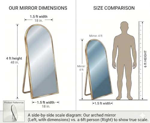 Image of Ellehome A Perfect Home Decor Arched Full Length Floor Mirror with Stand, Black Metal Heavy Frame, 4 ft x 1.5 ft, Freestanding (Gold, 4 x 1.5 ft)