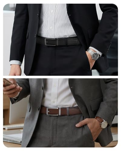 Image of CHAOREN Click Belts for Men 2 Pack - 1 3 /8 inch Leather Ratchet Belt | Trim to Fit, Gift Box, Micro-adjustable, Scratch Resistant Buckle, Formal Suits, Dress Pants, Casual Jeans, Golf