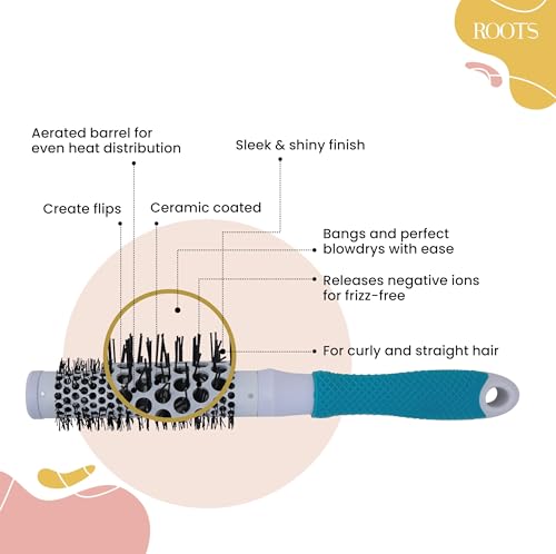 Image of ROOTS Professional Barrel Hair Brush | For Blow Drying & Volumizing | With Ceramic Barrel, Nylon Bristle & RubberGrip Handle | For Women's Wavy & Curly Hair | Length - 10.39 Inch, Model No - PEC25