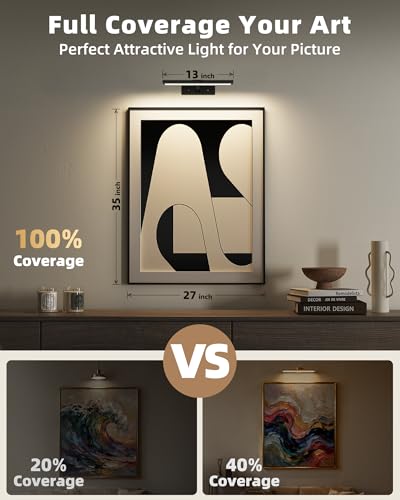 Image of EZVALO Picture Light for Wall, 13'' Black Rechargeable 4800mAh Battery Lights Wireless with IR Remote, Magnetic LED Art Painting Light with 3 Color Temperatures, Display for Gallery, Living Room