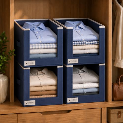 Image of VERVENIX Shirt Stacker Set of 4, Non Woven Foldable Clothes Storage Organizer with Handle, Wardrobe Closet Organizer, Space Saving Cloth Organizer for T-Shirts, Shirts, Jeans, Blue