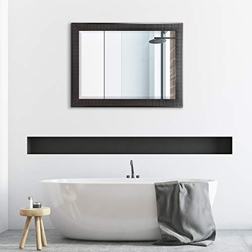 Head West Luxury Rustic Textured Framed Wall Mirror With Beveled Edge | Vintage Art Wall Hang Perfect Frame For Vanity, Bedroom And Bathroom, Horizontal And Vertical Mount - Brown 27.5 X 33.5 Inch #TOP1