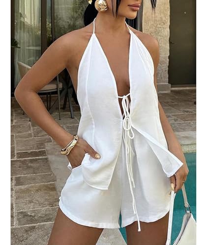 xxxiticat Women's Two Piece Shorts Set Sleeveless Halter Front Tie Up Vest Top Casual Beach White Resort Matching Lounge Suit4