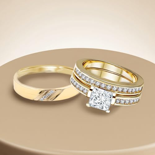 1-3 Carat Moissanite Couple Wedding Bands Ring Set for Women and Men Couple Matching S925 Silver 10K 14K 18K Gold Engagement Rings Sets 3pcs Bridal Rings Set for Her and Him Free Engraving3