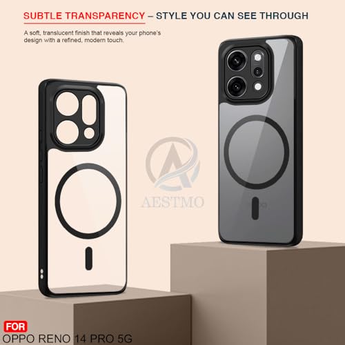Image of AESTMO Oppo Reno 14 Pro 5G Back Cover | 360 Protection | Crystal Clear Hard Back Transparent | Compatible with MagSafe Accessories (PC+TPU, Black Bumper)
