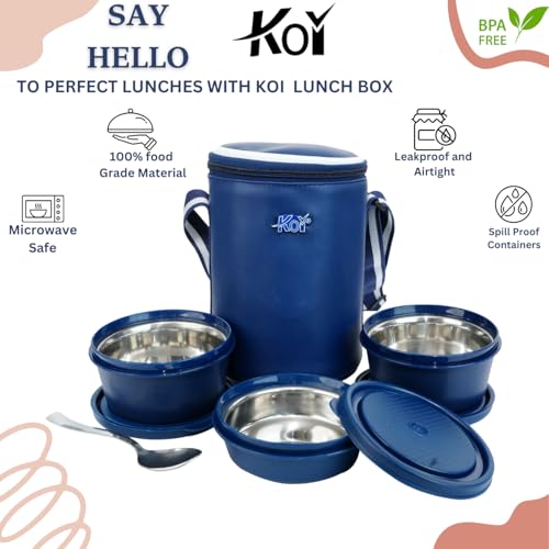 Image of KOI Insulated Lunch Box Set | 3 Inside Steel Containers (290ml, 450ml, 600ml) with BPA Free Lids | Leakproof Microwave Safe Tiffin | Adjustable Shoulder Strap Lunch Bag for Office Travel Use (Blue)