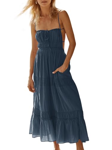 Image of Wenrine Womens Summer Beach Dresses Backless Spaghetti Straps Self Tie Tiered Flowy Casual Maxi Dress with Pockets