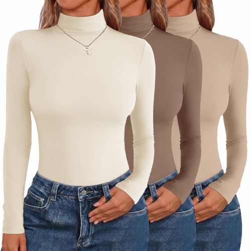 Zeagoo Rollkragenpullover Damen 3er Pack Langarm Dünne Rolli Unterziehrolli | Oberteile mit Rollkragen｜Basic Unterziehrolli Pack｜T Shirt Multipack｜Beige/Braun/Khaki Rollkragenpullover Damen Set｜M