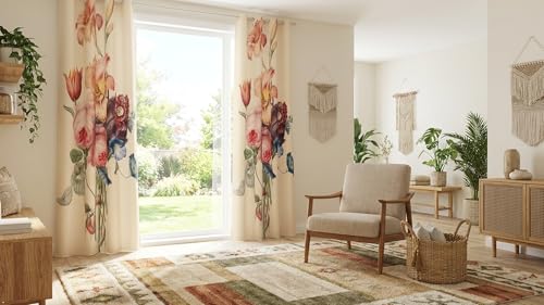 Image of Floral Printed Window Curtain for Living Room & Bedroom | Premium Polyester Door Curtain | Elegant Flower Design Drapes | Light Filtering Home Decor Curtain | Cream Multicolor (1 Pcs)