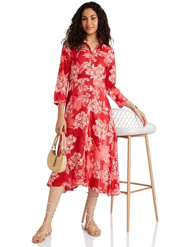 Image of BIBA Women's Below The Knee 3 /4 Sleeves Collared Neck Printed Casual Dress