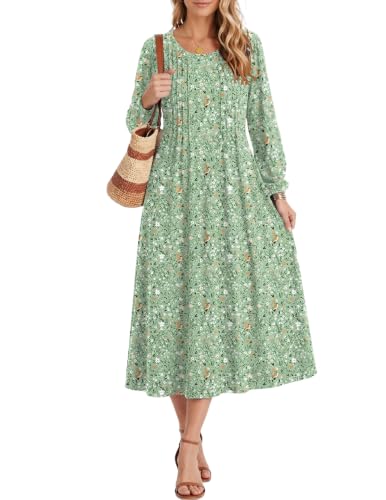 Image of Zeagoo Fall Dresses for Women Long Sleeve Midi Dress Casual A Line Dresses 2026 Pleated Flare Dress with Pockets