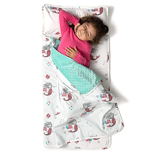 JumpOff Jo Nap Mat for Kids - Cozy Kids Rest Mat with Removable Pillow and Ultra Soft Blanket for Preschool, Daycare, and Sleepovers - Mermaids