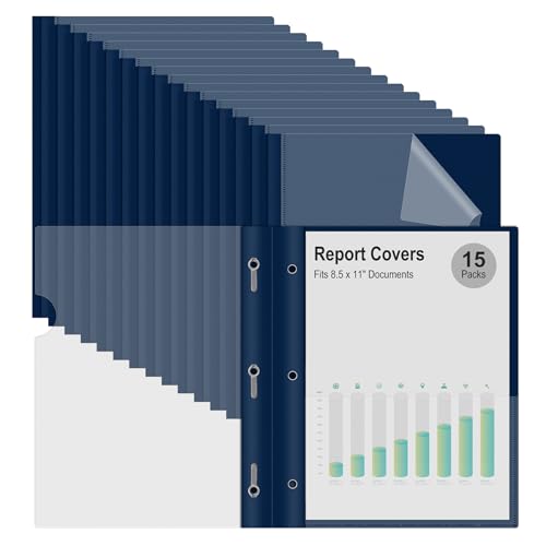 Ndsox 15 Packs Clear Front Report Covers with 3-Prong Fasteners Plastic Project Presentation Folders Resume Document Covers with Navy Blue Back for 8.5x11 Letter Size Paper for School Office Business