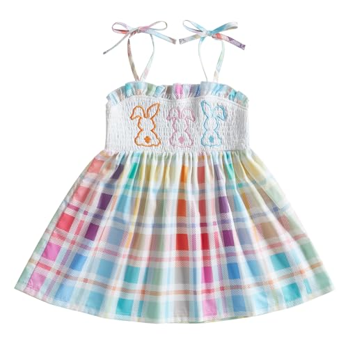 Little Kids Toddler Easter Dresses for Girls Cute Sleeveless Lace Up Shoulder Plaid Baby Girl Bunny Outfit (Bunny 3-4 Years)