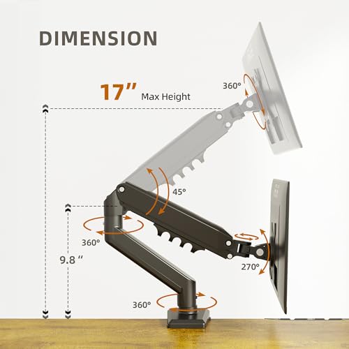 Image of Claiks Single Monitor Mount, Ergonomic Gas Spring Monitor Arm for 15-32 inch Screens, Adjustable Computer Stand up to 20 lbs, with Clamp and Grommet Base, VESA Mounting Holes 75&100mm, Black