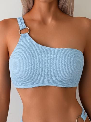 Fanuerg Women's Ribbed Bikini Sets One Shoulder Top Two Piece Swimsuits Textured Adjustable Strap Cheeky Bathing Suit4
