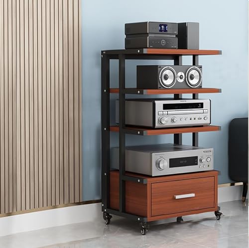 JIAHESHYP 4-Tier Shelves Audio Video Media Stand, Movable Wooden Corner Shelf Cabinet with Height Adjustable and Pulley, Modern AV Cabinet Storage, for Home/Office/DJ/Theater (Color : D)