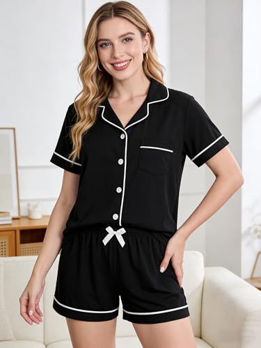 LANKMEI 100% Cotton Womens Short Sleeve Pajama Sets, Black, Large - image 4