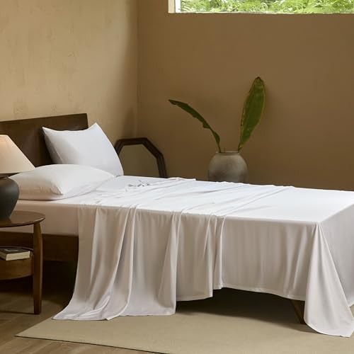 Image of EVERLY Queen Sheets Set,Luxuriously 400 Thread Count Organic Viscose Derived from Bamboo Bed Sheet,Cooling Sheets for Queen Size 4 Piece Deep Pockets Bedding Sheets &Pillowcases-White