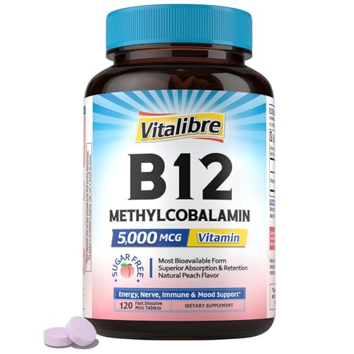 Vitalibre Vitamin B12 Sublingual 5000 mcg, Methylcobalamin, Bioactive Form, High Absorption, Vegan, Nerve, Energy, Immune, Mood Support, Natural Peach Flavor, 120 Fast Dissolve Mini Tablets, No Sugar