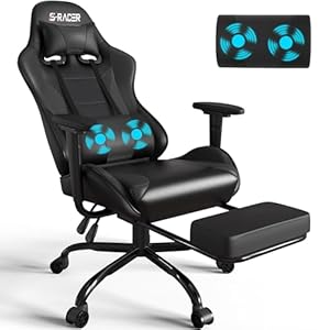 Homall Massage Gaming Stuhl, Computerstuhl mit Fußstütze und Massage-Lendenkissen, Gamer Stuhl mit Kopfstütze, Ergonomisch Gaming PC Stuhl 150 kg Belastbarkeit, 360° drehbar, Schwarz