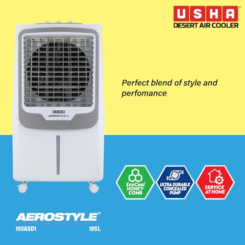 Image of Usha Aerostyle 105L Desert Cooler for Home | For Larger Room | Big Ice Chamber | 3 Side honey comb for better cooling |Humidity Control for auto drain| Dust Filter| Works on Inverter| Castor Wheels