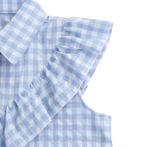 Image of Girls Sleeveless Plaid Button Down Shirt Summer Crop Tops Tie Knot Ruffle Sleeve Shirt Blouse 3-12Y
