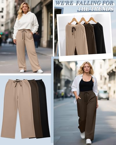 Neer 3 Pack Women's Plus Size Yoga Sweatpants Drawstring Lounge Pants with Pockets Baggy Loose Workout Open Bottom Joggers3