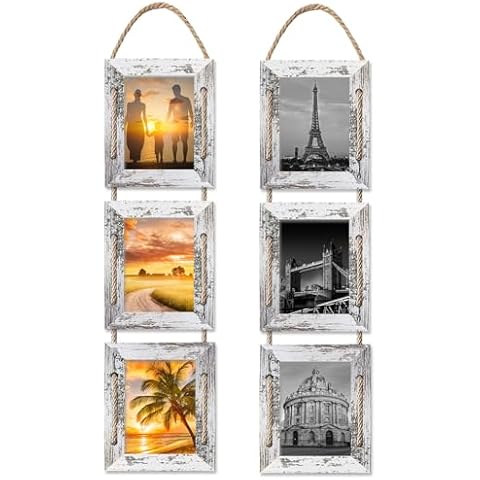 PWTAKO 5x7 Hanging Collage Picture Frames Wall Decor, 3-Opening 5x7 Rustic Wood Frame with Hemp Rope, 2 Pack,White Cover
