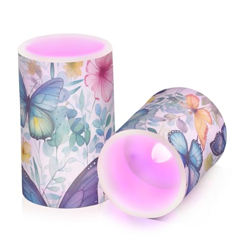Image of Lights Flameless Candles Butterfly Floral Pillar Candles Set of 2 Battery Operated Remote Control Warm Lights Home Decor